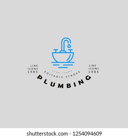 Vector icon and logo of plumbing. Editable outline stroke size. Line flat contour, thin and linear design. Simple icons. Concept illustration. Sign, symbol, element.