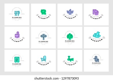 Vector icon and logo of plumbing. Editable outline stroke size. Line flat contour, thin and linear design. Simple icons. Concept illustration. Sign, symbol, element.