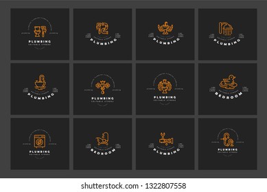 Vector icon and logo of plumbing. Editable outline stroke size. Line flat contour, thin and linear design. Simple icons. Concept illustration. Sign, symbol, element.