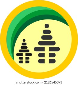Logotipo de ícono vectorial que se parece a una pagoda (lugar de culto hindú o budista) con colores amarillo y verde. Adecuado para logotipos iniciales para personas o empresas.
