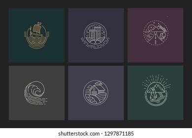 Vector icon and logo for a restaurant or farm, building and camping, cafe or cooking vegan. Editable outline stroke size. Line flat contour, thin and linear design. Simple icons. Concept illustration