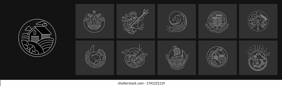 Vector icon and logo for a restaurant or farm, building and camping, cafe or cooking vegan. Editable outline stroke size. Line flat contour, thin and linear design. Simple icons. Concept illustration