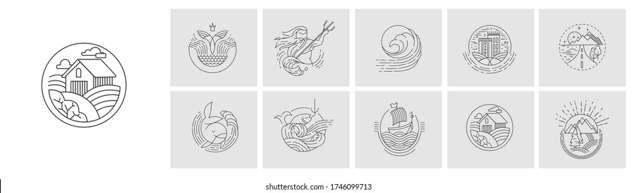 Vektorsymbol und Logo für ein Restaurant oder Bauernhof, Gebäude und Campingplatz, Café oder Kochvegan. Bearbeitbare Rahmentaktgröße. Linienkontur, dünne und lineare Konstruktion. Einfache Symbole. Concept Illustration
