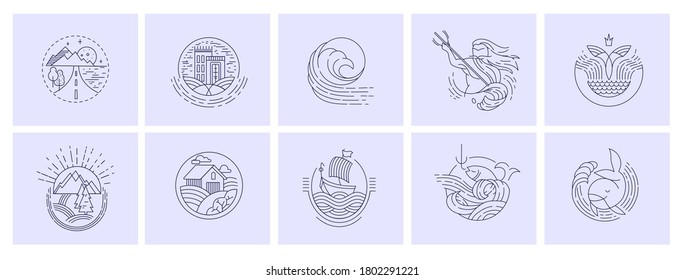 Vector icon and logo for a restaurant or farm, building and camping, cafe or cooking vegan. Editable outline stroke size. Line flat contour, thin and linear design. Simple icons. Concept illustration