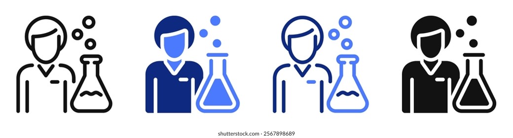 Vector icon or logo of scientist with flask related to chemistry science, laboratory experiment. Symbol for website or app ui, logo design, illustration
