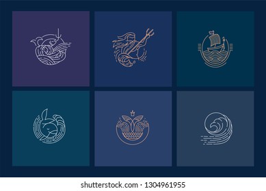 Vector icon and logo for sea or fish, asian food and seafood. Editable outline stroke size. Line flat contour, thin and linear design. Simple icons. Concept illustration. Sign, symbol, element.