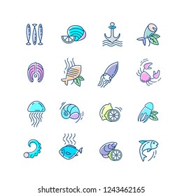 Vector icon and logo for seafood restaurant or cafe. Editable outline stroke size. Line flat contour, thin and linear design. Simple icons. Concept illustration. Sign, symbol, element.