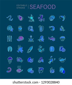 Vector icon and logo for seafood restaurant or cafe. Editable outline stroke size. Line flat contour, thin and linear design. Simple icons. Concept illustration. Sign, symbol, element.