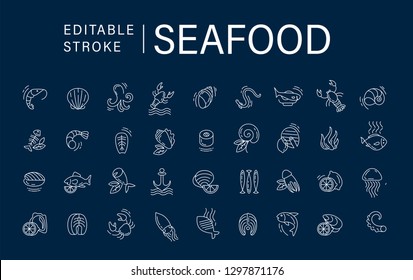 Vector icon and logo for seafood restaurant or cafe. Editable outline stroke size. Line flat contour, thin and linear design. Simple icons. Concept illustration. Sign, symbol, element.