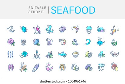 Vector icon and logo for seafood restaurant or cafe. Editable outline stroke size. Line flat contour, thin and linear design. Simple icons. Concept illustration. Sign, symbol, element.