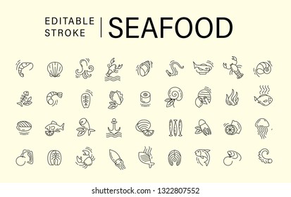 Vector icon and logo for seafood restaurant or cafe. Editable outline stroke size. Line flat contour, thin and linear design. Simple icons. Concept illustration. Sign, symbol, element.