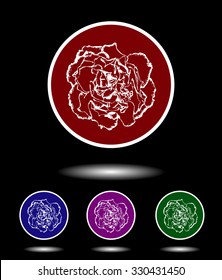 Vector icon logo set 3 in 1 with modern vintage white clove flower on red, blue, violet and green background isolated on black highlighted