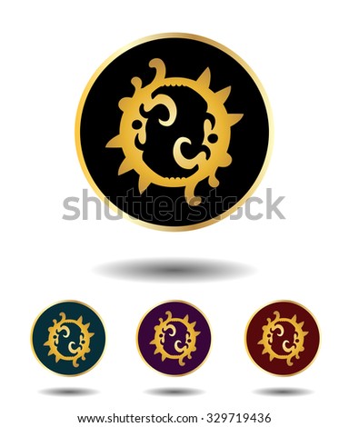 Vector icon logo set 3 in 1 with vintage gothic gold letter "O" on black, green, violet and red background isolated on white with shadow
