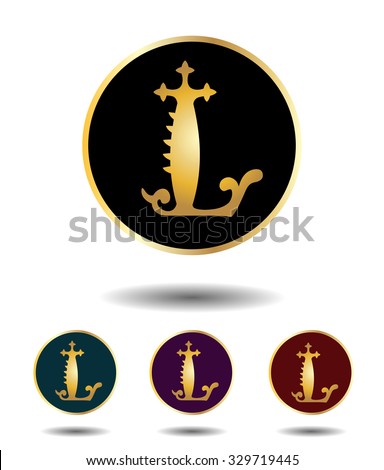 Vector icon logo set 3 in 1 with vintage gothic gold letter "L" on black, green, violet and red background isolated on white with shadow