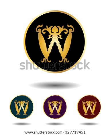 Vector icon logo set 3 in 1 with vintage gothic gold letter "W" on black, green, violet and red background isolated on white with shadow