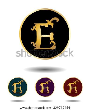 Vector icon logo set 3 in 1 with vintage gothic gold letter "E" on black, green, violet and red background isolated on white with shadow