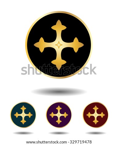 Vector icon logo set 3 in 1 with vintage gothic gold cross on black, green, violet and red background isolated on white with shadow