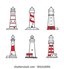 Vector icon or logo set of black and white lighthouses. Searchlight towers for maritime navigational guidance