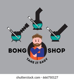 Vector Icon (logo) Set For Bong Shop. 3 Isolated Objects (bongs) And Beard Dude Who Need Make A Choice, All In Flat Style. EPS 10.