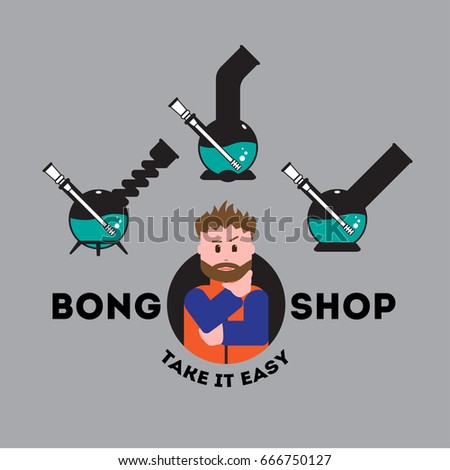 Vector icon (logo) set for bong shop. 3 isolated objects (bongs) and beard dude who need make a choice, all in flat style. EPS 10.