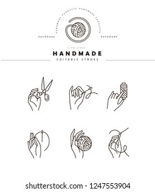 Vector icon and logo sewing and handmade. Editable outline stroke size. Line flat contour, thin and linear design. Simple icons. Concept illustration. Sign, symbol, element.