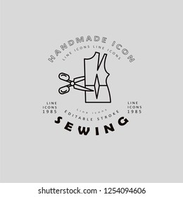 Vector icon and logo sewing and handmade. Editable outline stroke size. Line flat contour, thin and linear design. Simple icons. Concept illustration. Sign, symbol, element.