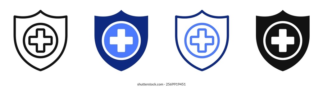 Vector icon or logo of shield with medicine sign related to medical insurance and health protection. Symbol for website or app ui, logo design, illustration