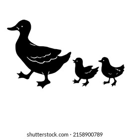 vector, icon, and logo silhouette of a walking duck with cubs on a white background.