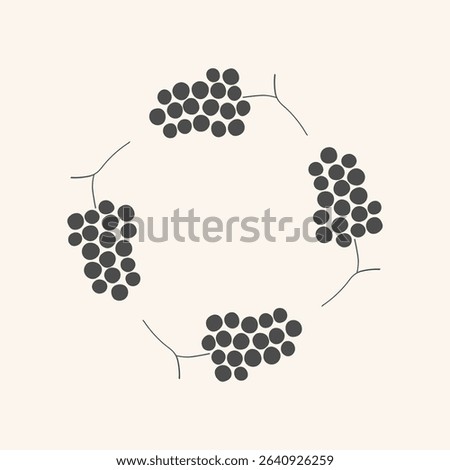 Vector icon logo with sketch Grapes. Hand drawn frame border with bunch Grapevine berries in silhouette. Design template for food, dry raisins, dessert, harvest fruit. For card, print, wrapping