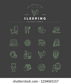 Vector icon and logo for sleeping. Editable outline stroke size. Line flat contour, thin and linear design. Simple icons. Concept illustration. Sign, symbol, element.