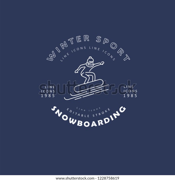 Vector icon and logo for snowboarding and skiing\
or other winter sports. Editable outline stroke size. Line flat\
contour, thin and linear design. Simple icons. Concept\
illustration. Sign,\
symbol