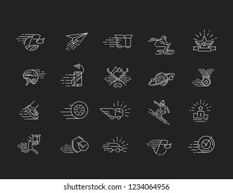 Vector icon and logo for speed motion. Editable outline stroke size. Line flat contour, thin and linear design. Simple icons. Concept illustration. Sign, symbol, element.
