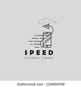 Vector icon and logo for speed motion. Editable outline stroke size. Line flat contour, thin and linear design. Simple icons. Concept illustration. Sign, symbol, element.