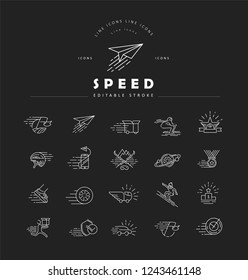 Vector icon and logo for speed motion. Editable outline stroke size. Line flat contour, thin and linear design. Simple icons. Concept illustration. Sign, symbol, element.