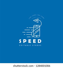 Vector icon and logo for speed motion. Editable outline stroke size. Line flat contour, thin and linear design. Simple icons. Concept illustration. Sign, symbol, element.