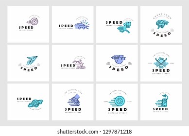 Vector icon and logo for speed motion. Editable outline stroke size. Line flat contour, thin and linear design. Simple icons. Concept illustration. Sign, symbol, element.