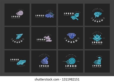 Vector icon and logo for speed motion. Editable outline stroke size. Line flat contour, thin and linear design. Simple icons. Concept illustration. Sign, symbol, element.
