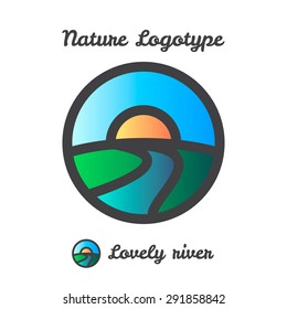Vector icon, logo of sunset in village, sun and river among hills
