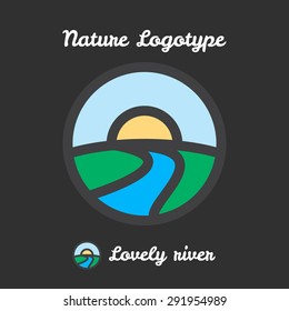 Vector icon, logo of sunset in village, sun and river among hills