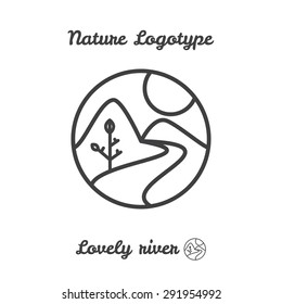 Vector icon, logo of sunset in village, sun, tree and river among mountains