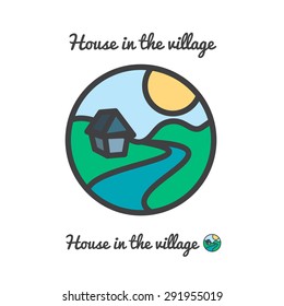 Vector icon, logo of sunset in village, sun, house and river among hills