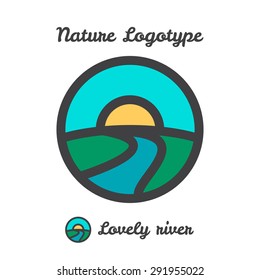 Vector icon, logo of sunset in village, sun and river among hills