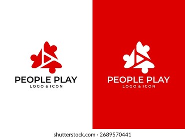 Vector icon logo of a triangle rotating with people. Human crowd community logo for multimedia players such as songs, videos, movies, cinemas, applications or others.