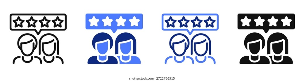 Ícone ou logotipo vetorial de duas pessoas com estrelas de classificação relacionadas ao feedback e satisfação do cliente, classificação do cliente e revisão. Símbolo para IU de site ou aplicativo, design de logotipo, ilustração