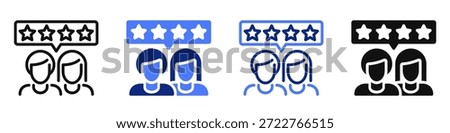 Vector icon or logo of two people with rating stars related to customer feedback and satisfaction, client rating and review. Symbol for website or app UI, logo design, illustration