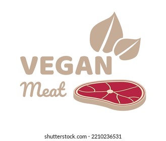 Vector Icon Or Logo Of Vegan Meat – Plant-based Or Cultured Lab-grown Meat. Vegan Steak Flat Icon And Text Vegan Meat With Leaf Isolated On A White Background. Sustainable Future Meat Substitute.