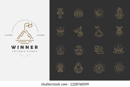 Vector icon and logo winner and champion. Editable outline stroke size. Line flat contour, thin and linear design. Simple icons. Concept illustration. Sign, symbol, element.