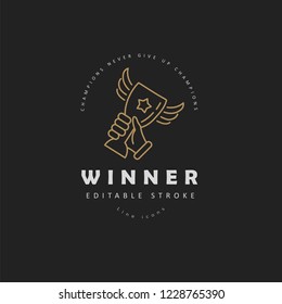 Vector icon and logo winner and champion. Editable outline stroke size. Line flat contour, thin and linear design. Simple icons. Concept illustration. Sign, symbol, element.