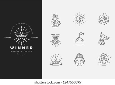 Vector icon and logo winner and champion. Editable outline stroke size. Line flat contour, thin and linear design. Simple icons. Concept illustration. Sign, symbol, element.