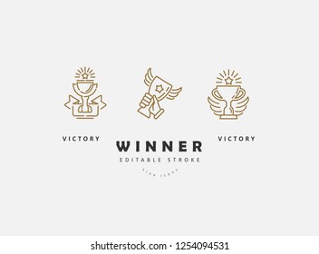Vector icon and logo winner and champion. Editable outline stroke size. Line flat contour, thin and linear design. Simple icons. Concept illustration. Sign, symbol, element.